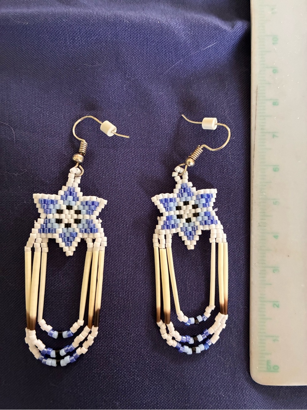 Handmade Beaded Star Drop Earrings - White & Blue